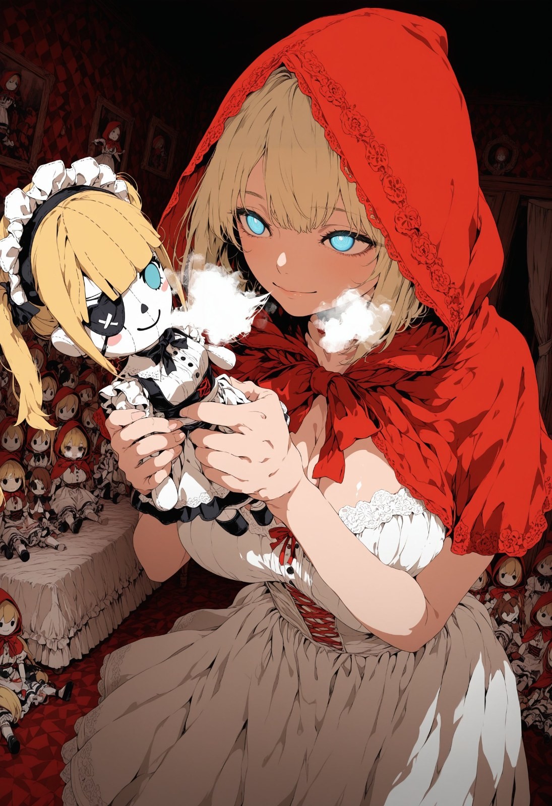金髪碧眼の少女が赤いマントと白いドレスを着て人形を抱いている