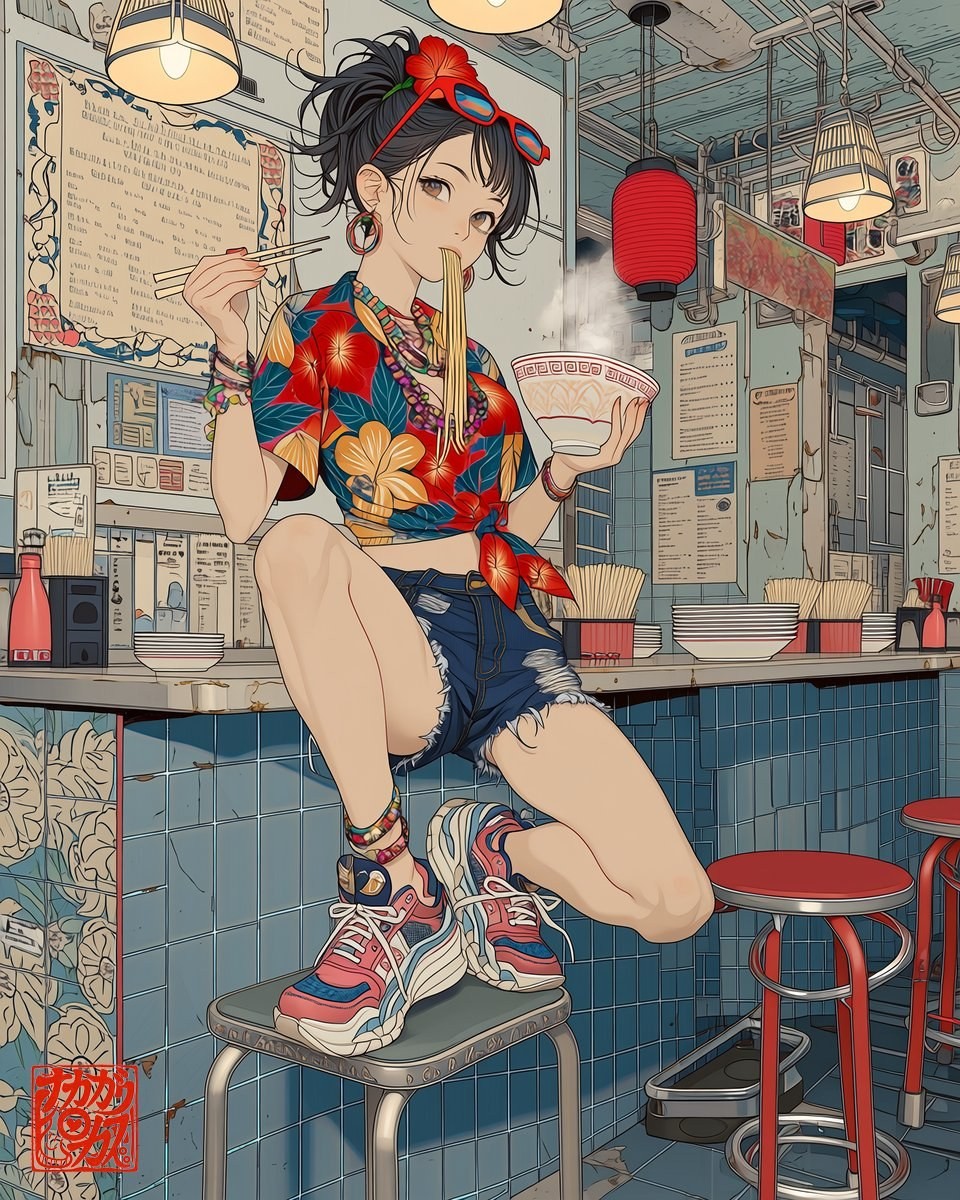 A girl with a bun hairstyle enjoys noodles in a vintage Japanese noodle shop