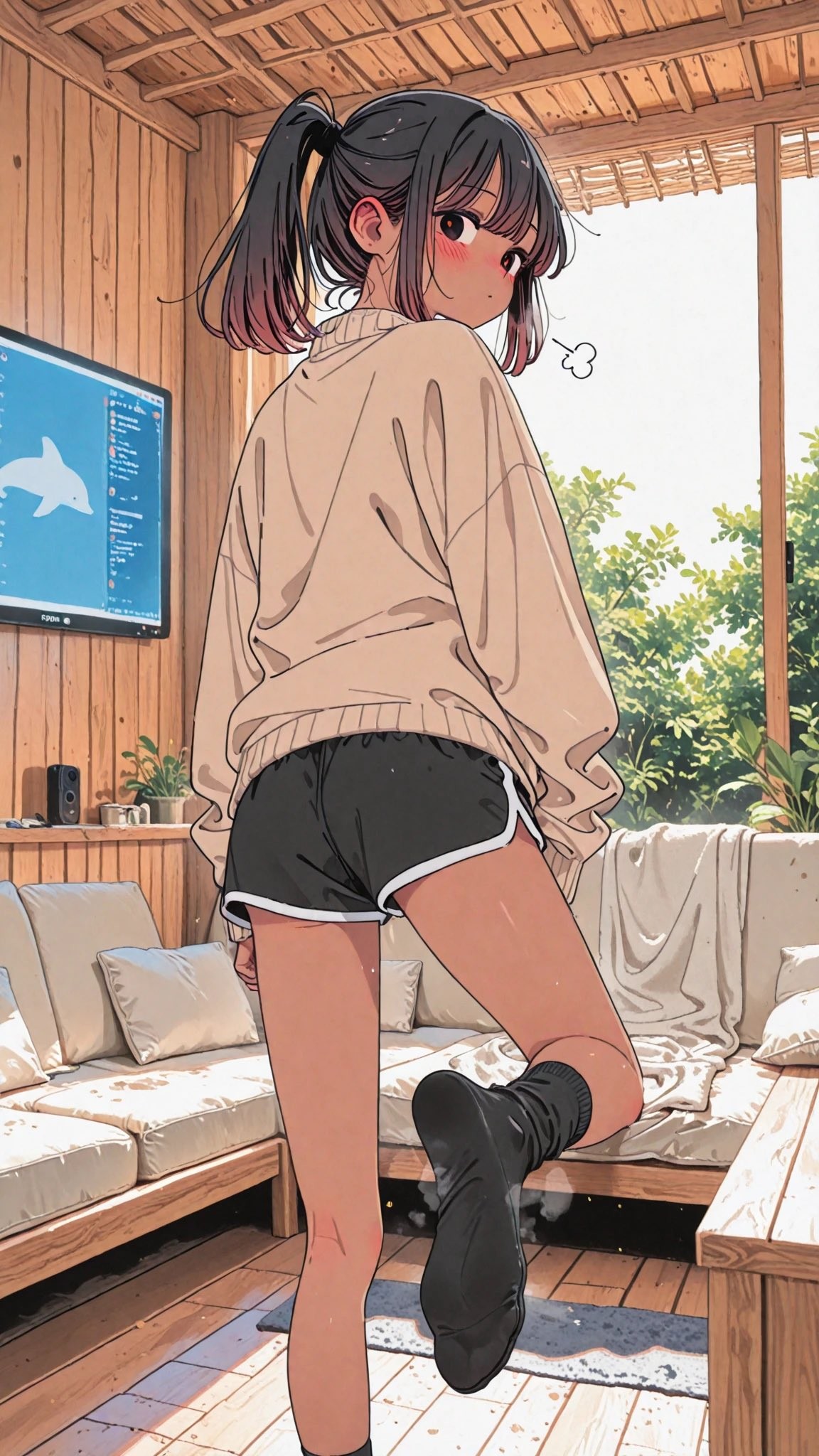 Black-haired ponytail girl walking at home wearing beige sweater and black sports shorts