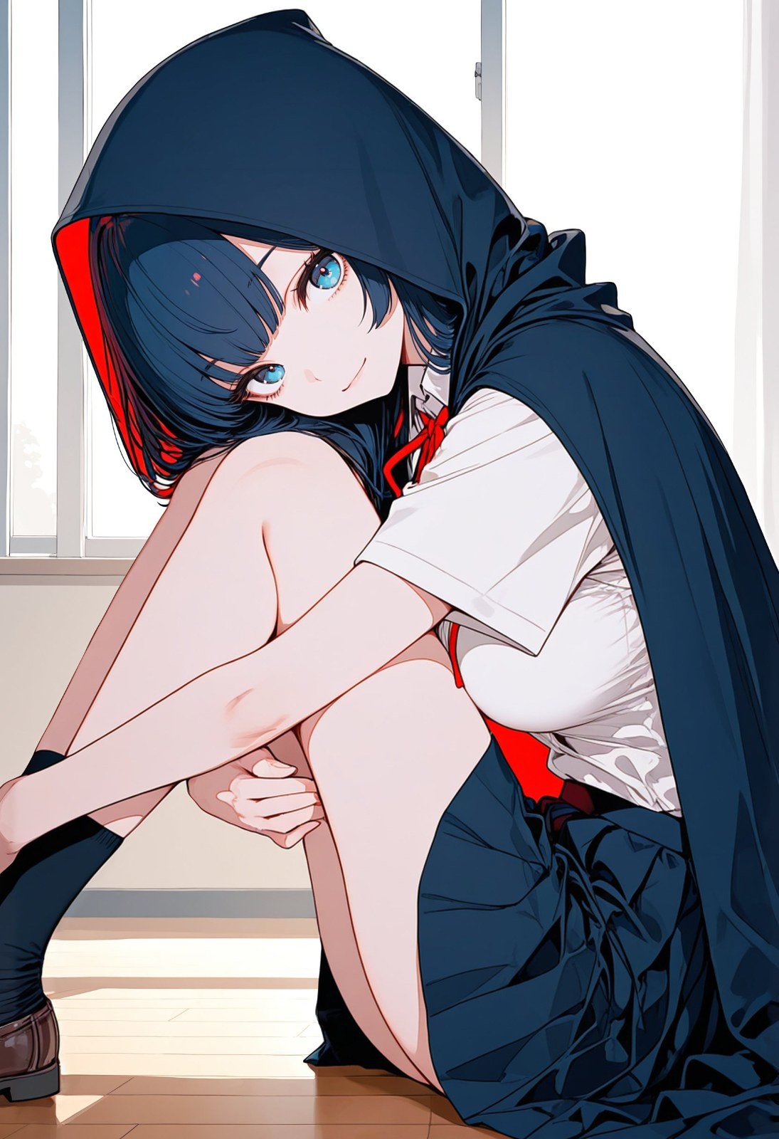A girl with blue hair and red highlights in a sailor uniform and a cape