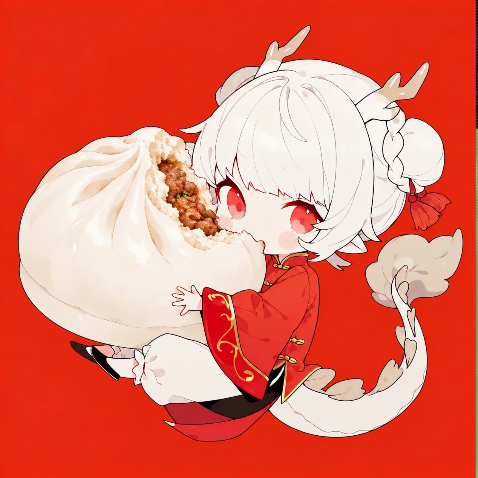 Una chica chibi está abrazando un bao gigante
