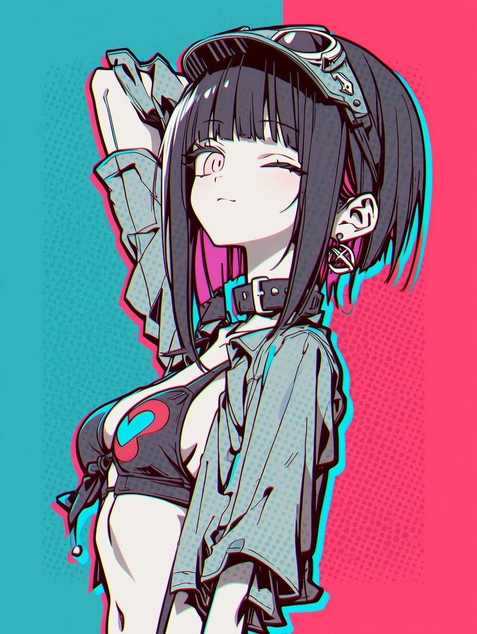 A stylized anime woman stands sideways with her right arm raised and winking left eye, wearing a black geometric bikini with a sheer long sleeve and multiple ear accessories against a vibrant background