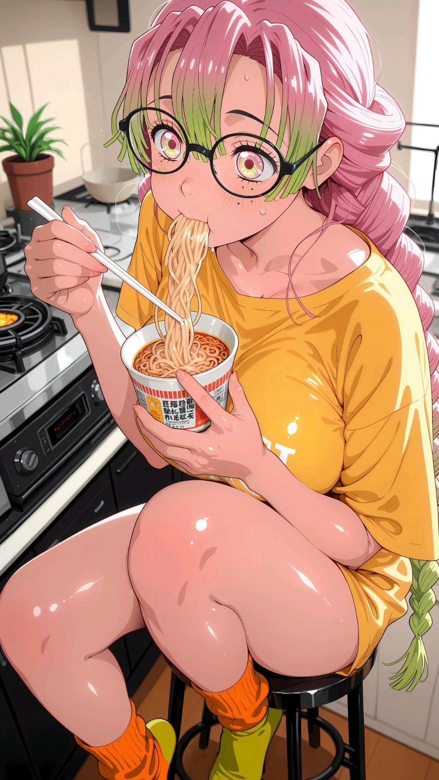 An anime woman with pink-green gradient hair sits on a kitchen stool eating cup noodles