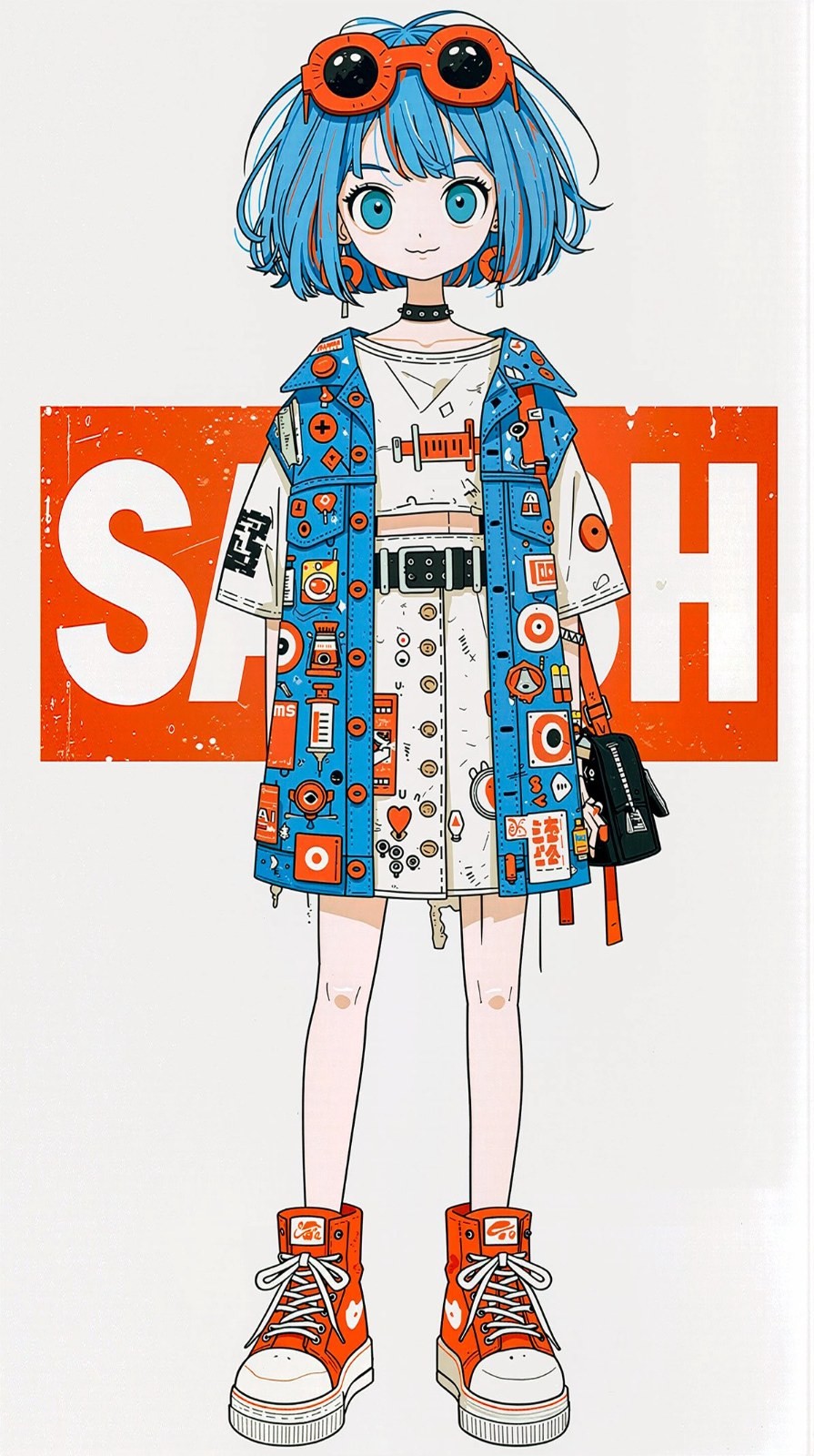 Fille anime aux cheveux bleus porte un gilet sans manches bleu et une jupe imprimée montrant la mode urbaine