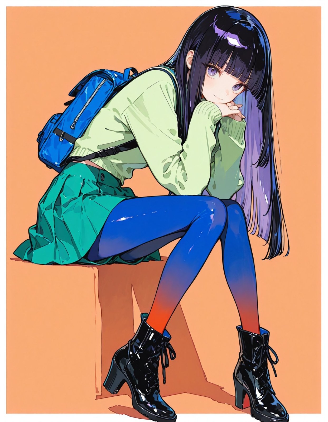 An anime-style female character wears a light green sweater and a green mini skirt, paired with blue to orange tights and black high heels