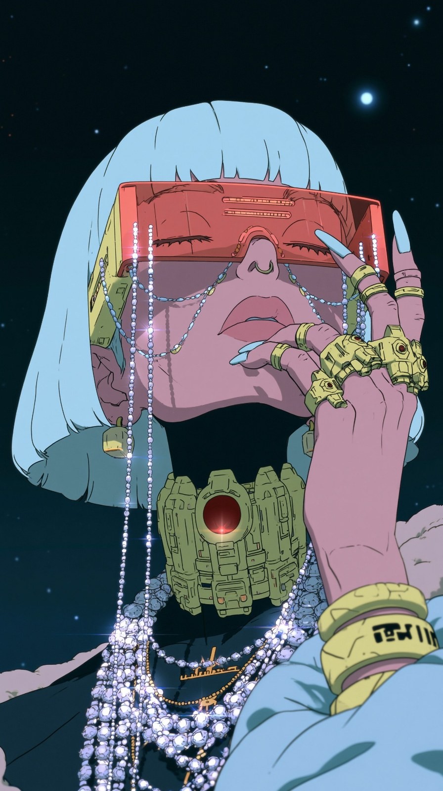A character with short light blue hair wearing red goggles and complex mechanical armor against a deep blue starry background