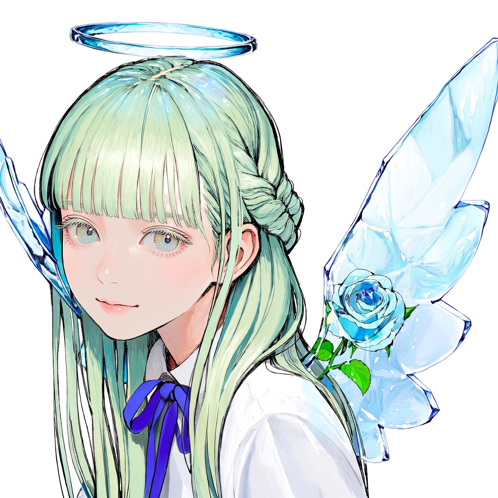 绿发少女穿白衬衫和蓝色领结，背后有冰蓝色透明翅膀