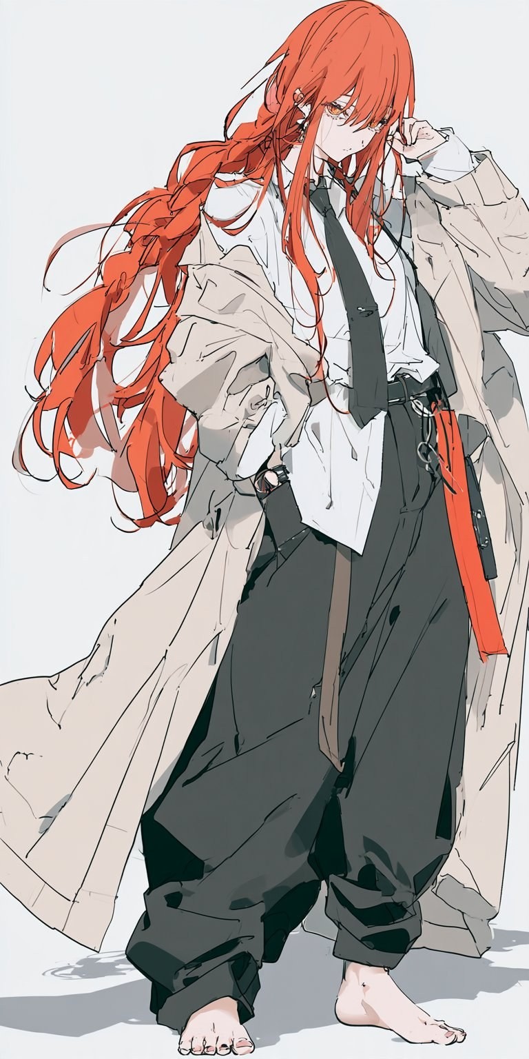A red-haired female anime character wears a beige long coat and black wide-leg pants
