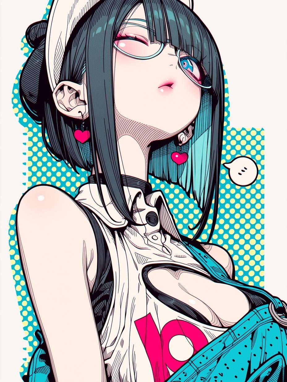 A female character in anime style is wearing a white sleeveless top and blue overalls