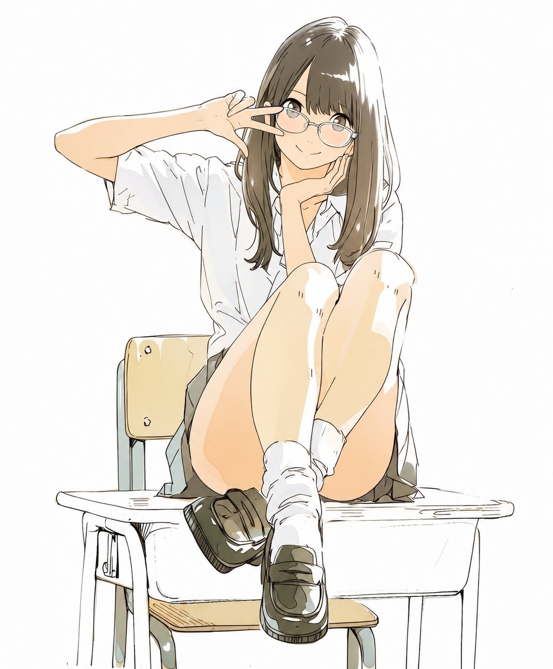 Brown-haired girl in classroom wearing a white shirt and pleated skirt