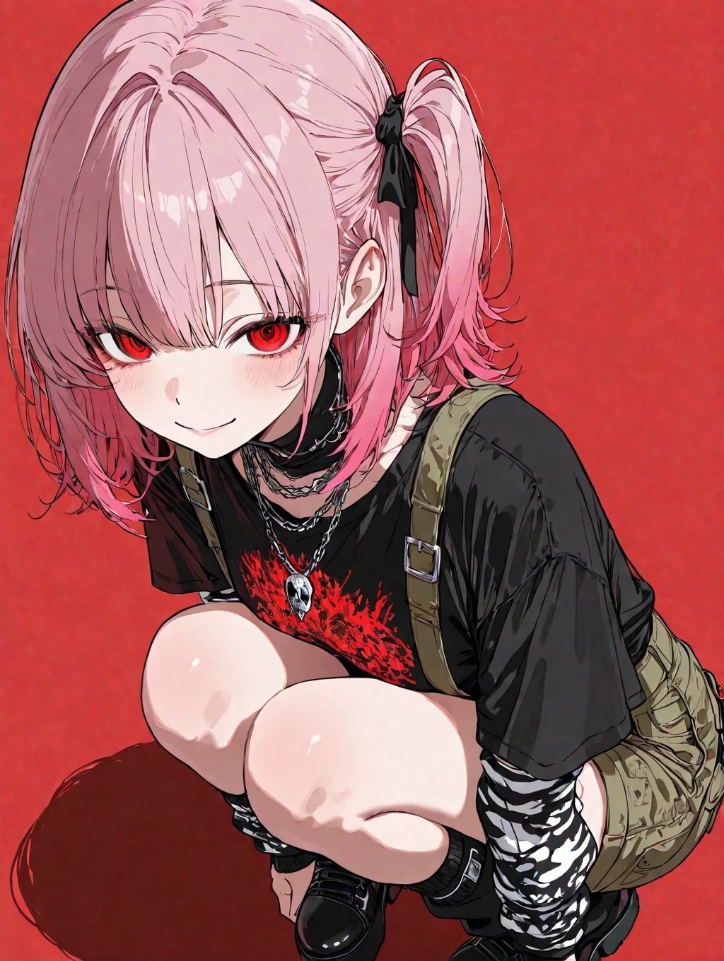 Una chica de cabello corto rosa y ojos rojos lleva una camiseta negra y pantalones cortos verdes en un fondo rojo