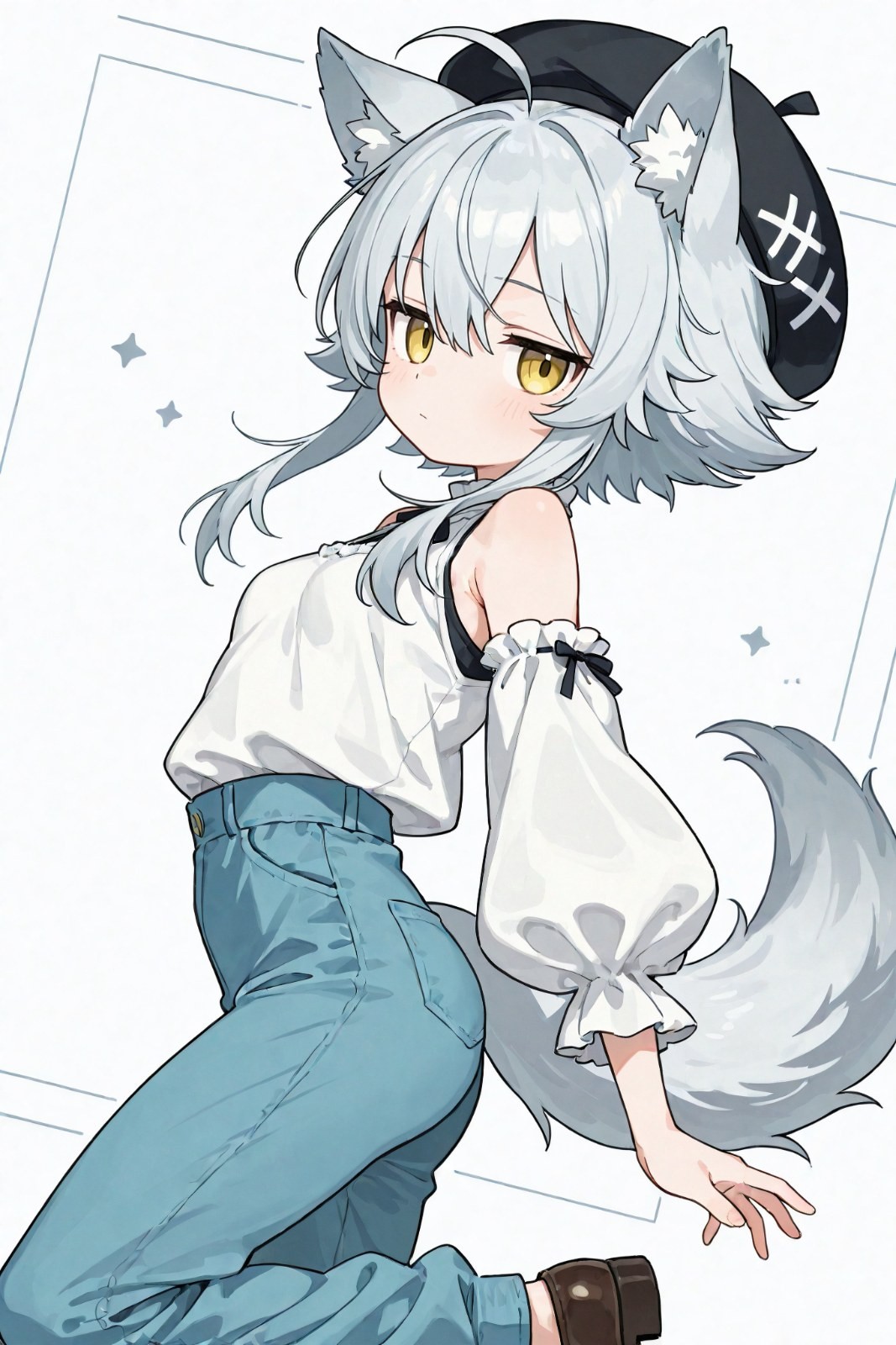 銀髮金瞳的獸耳少女穿著白色露肩上衣和淡藍色牛仔褲