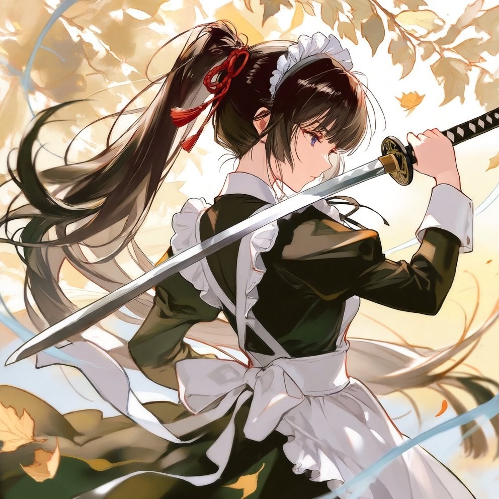 A black-haired girl in a black and white maid outfit stands holding a sword