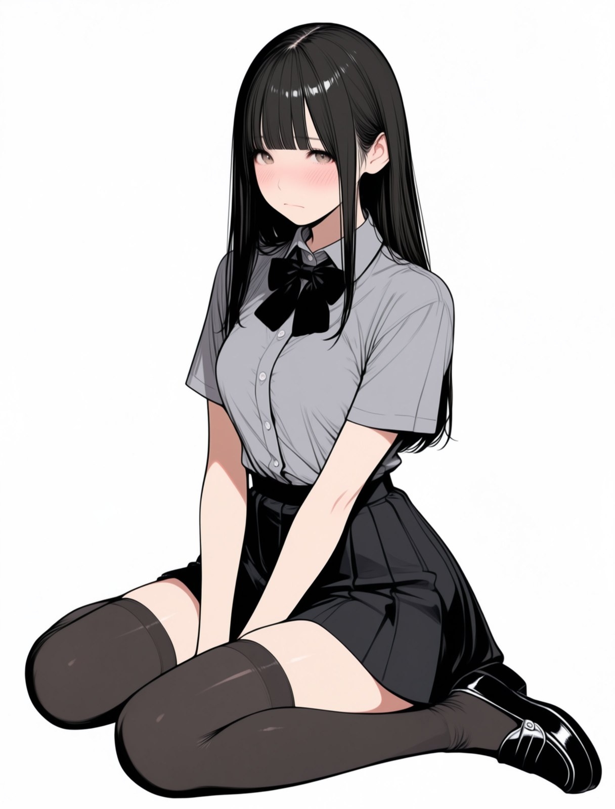 Una chica de pelo negro se sienta en posición de pato con una camisa gris y una falda negra