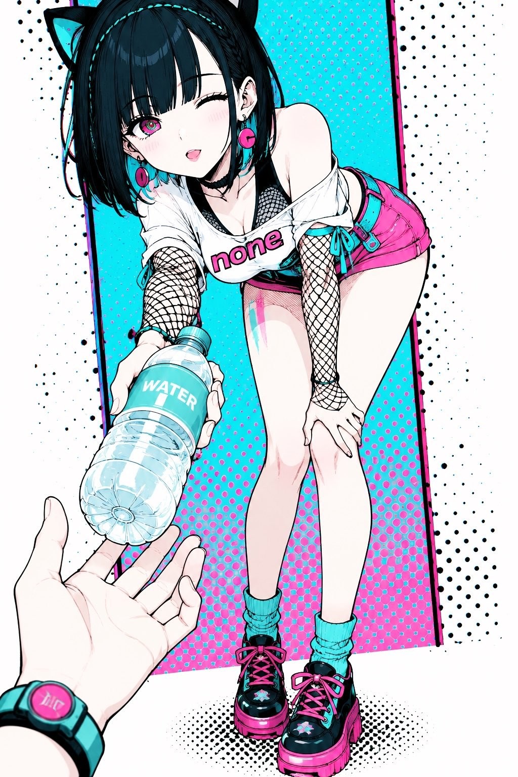 An anime girl is handing over a bottle of water