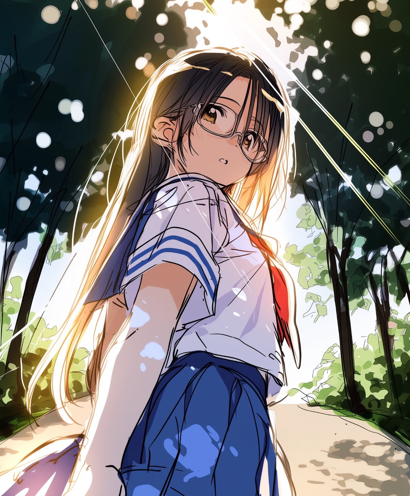Una chica con un uniforme de marinero azul y blanco se vuelve