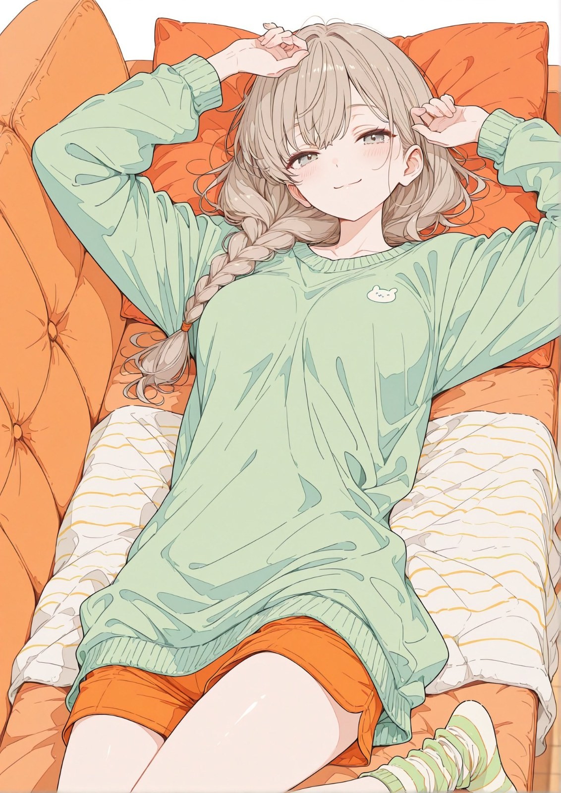 少女穿着宽松薄荷绿毛衣和橙色短裤