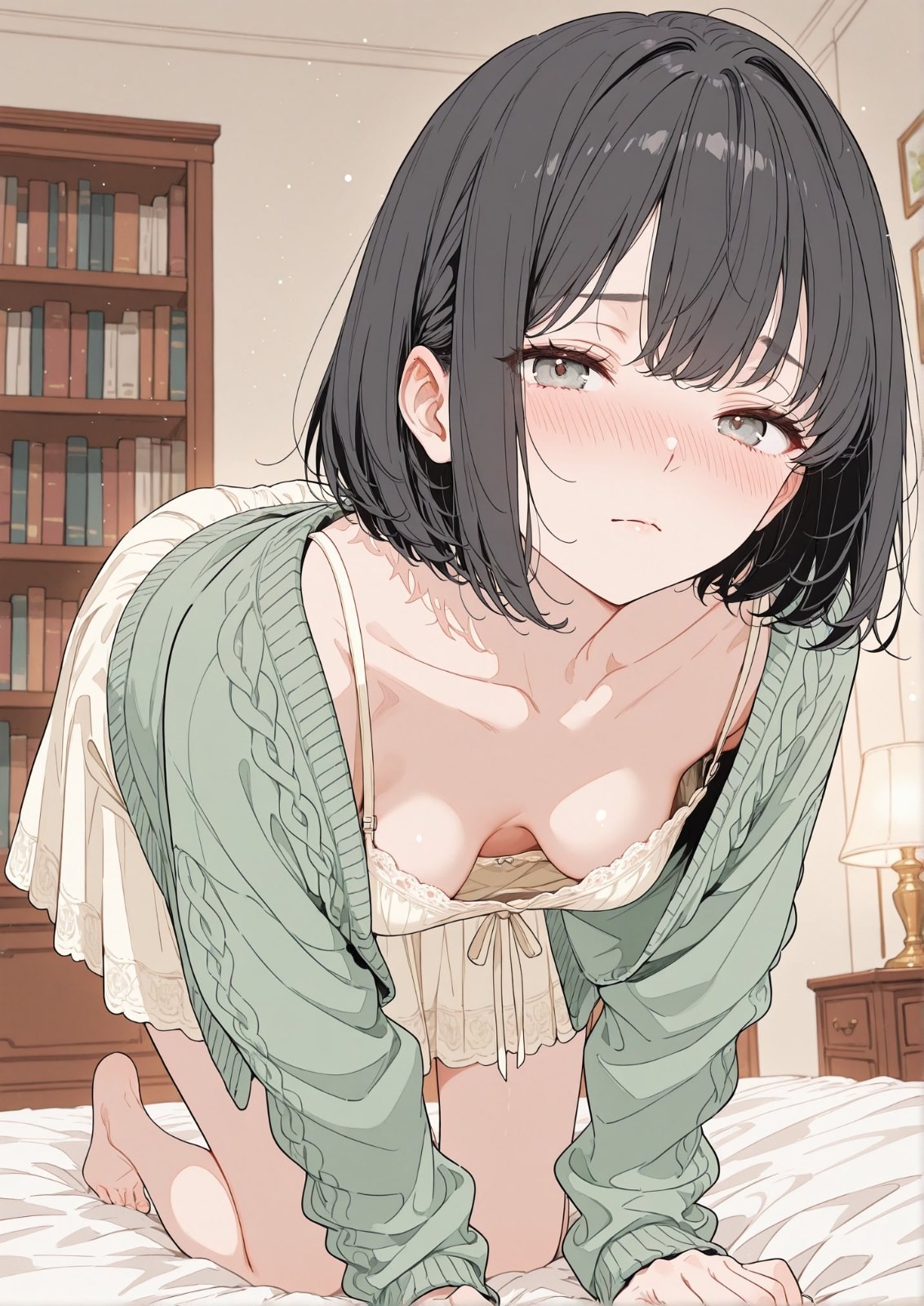 黒髪の女性が浅緑のニットカーディガンとレースのキャミソールを着て白いベッドに跪いて恥ずかしそうに見つめる