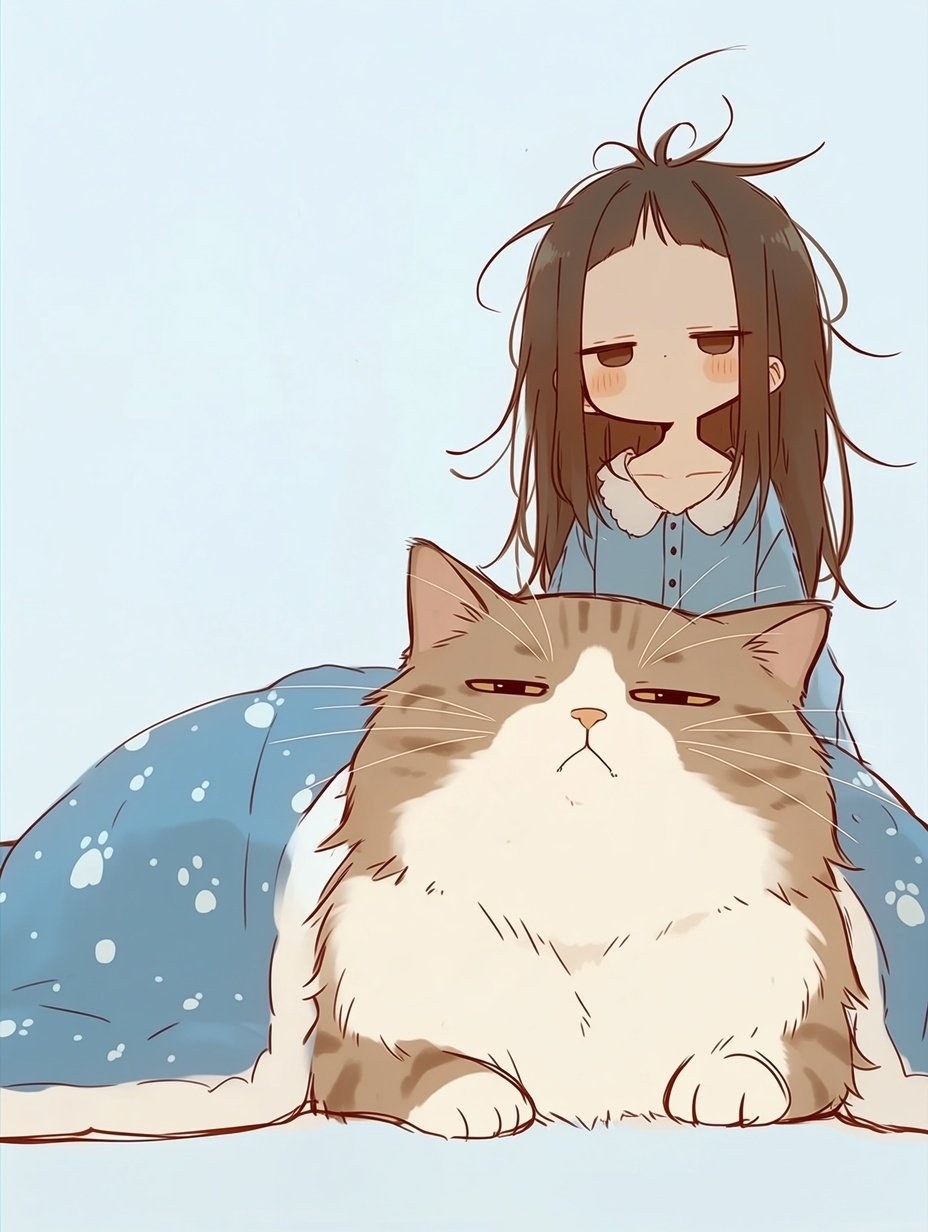 Eine große braun-weiße Katze und ein braunhaariges Mädchen schlafen faul in einer sanften Morgenatmosphäre