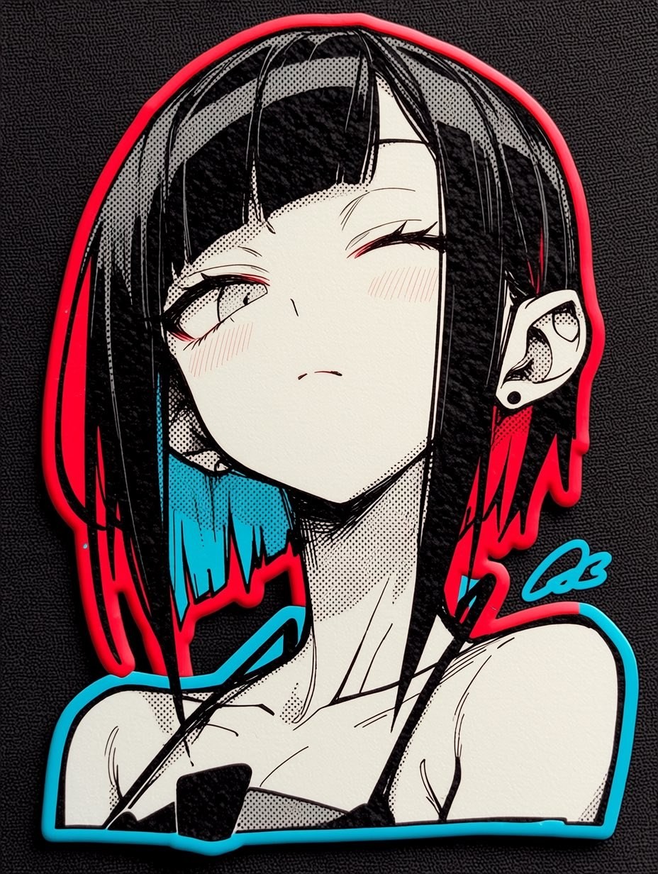 An anime-style female character bust badge
