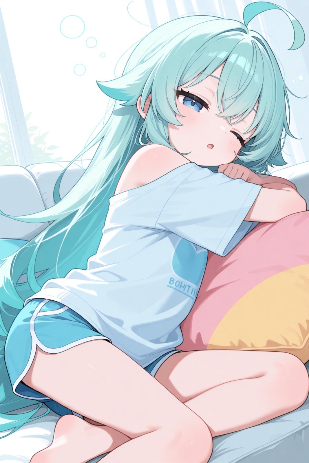 Anime girl with teal long hair lying lazily on sofa wearing white short sleeve and blue shorts