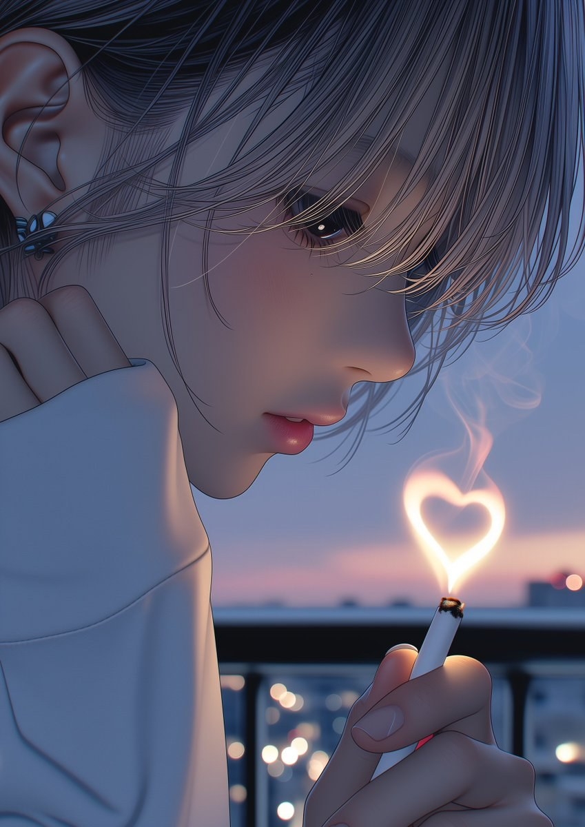アニメスタイルの女性が煙草を見つめるアップ