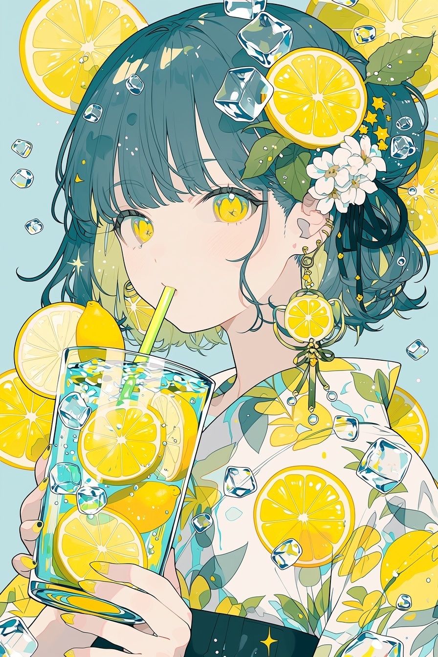 Anime girl with blue-green hair and lemon yellow eyes holding lemon water