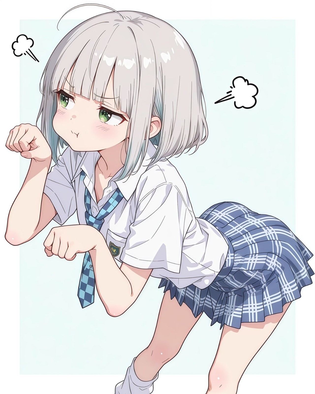 Une fille d'anime aux cheveux courts gris argenté fait la mignonne