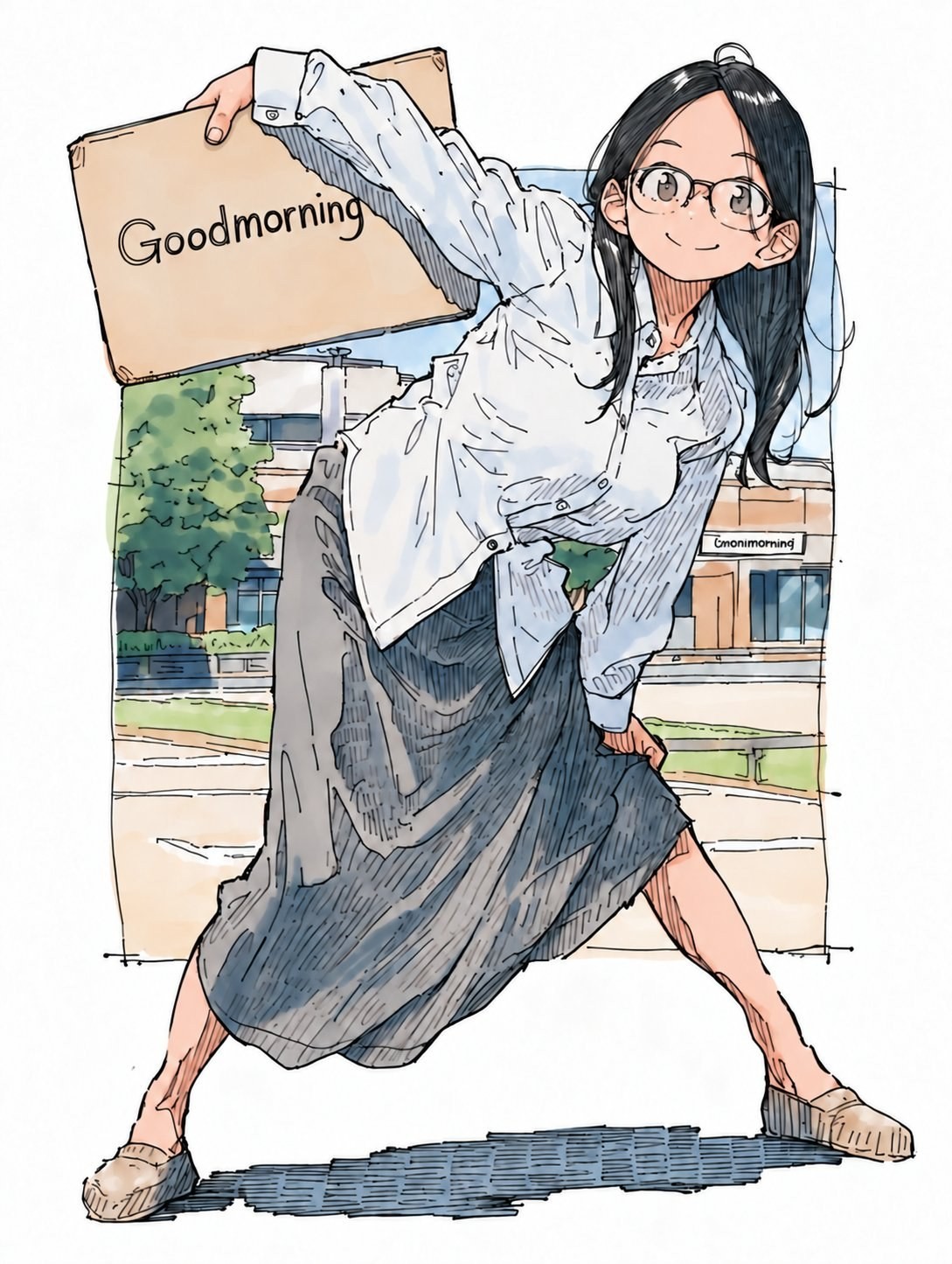 眼鏡をかけた黒髪の少女が浅い青のシャツと暗い色のスカートを着て、茶色の紙袋を持って街を歩いている