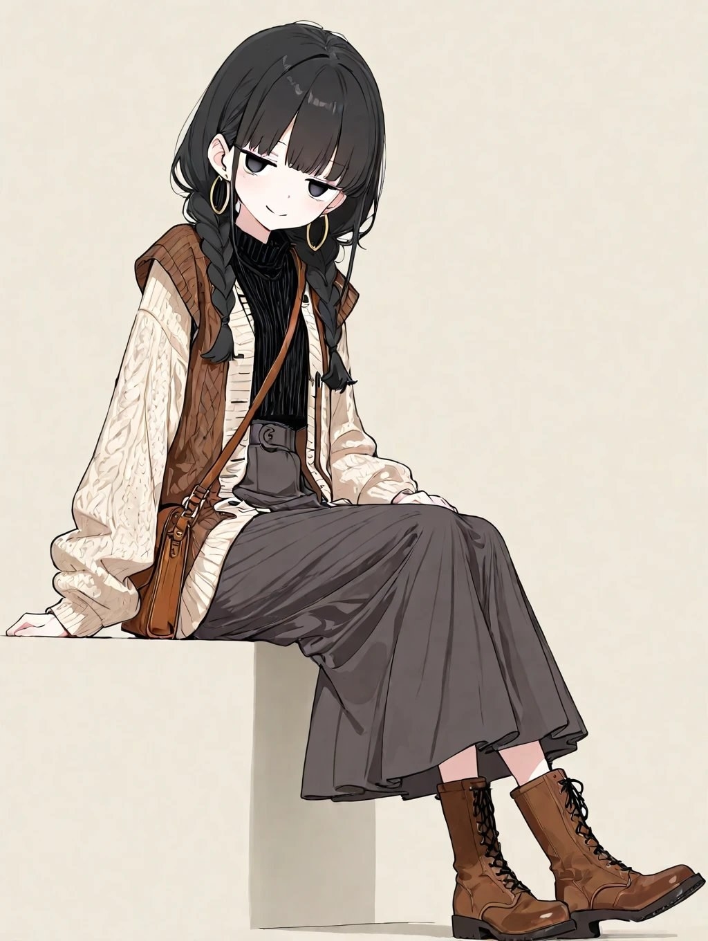 Chica de anime de cabello negro con cárdigan color marfil y chaleco marrón con falda plisada y botas marrones