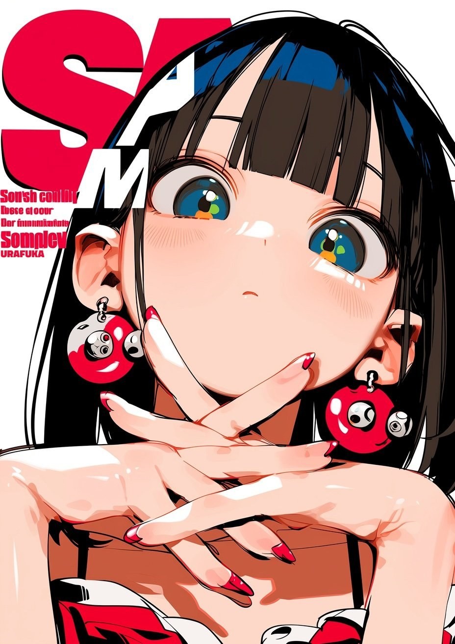 Eine Nahaufnahme-Illustration im japanischen Anime-Stil mit einer Frau, die lange schwarze Haare und klare blaue Augen hat und ein rot-weißes Outfit trägt, während sie einen ruhigen Ausdruck zeigt