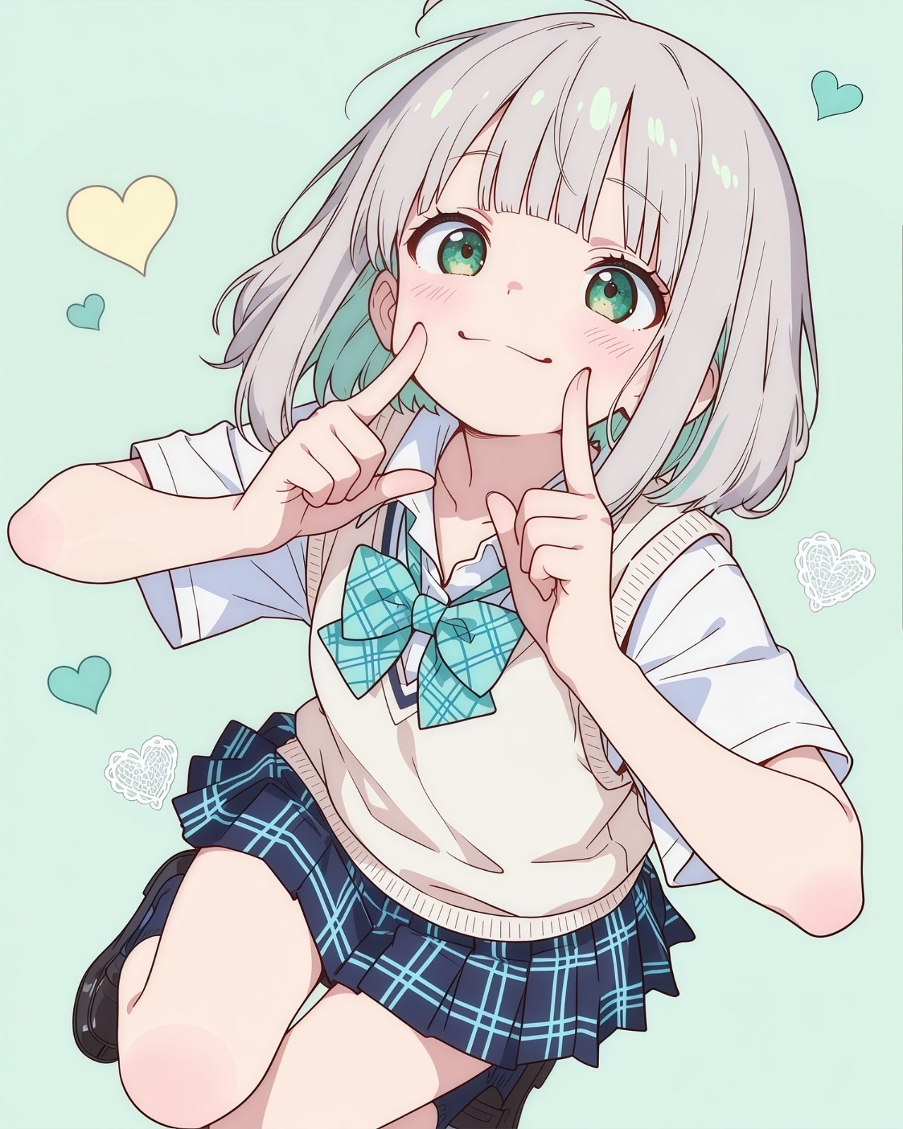 銀白のショートヘアのアニメ少女は可愛い服を着ています