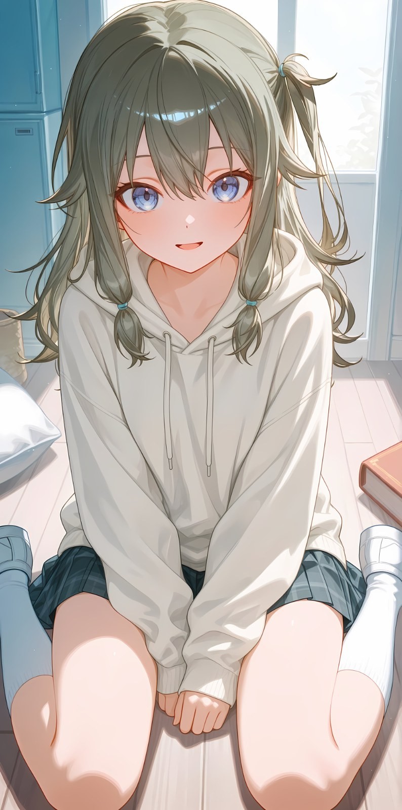 An anime-style girl wearing an ivory hoodie and dark pleated skirt sitting on a wooden floor
