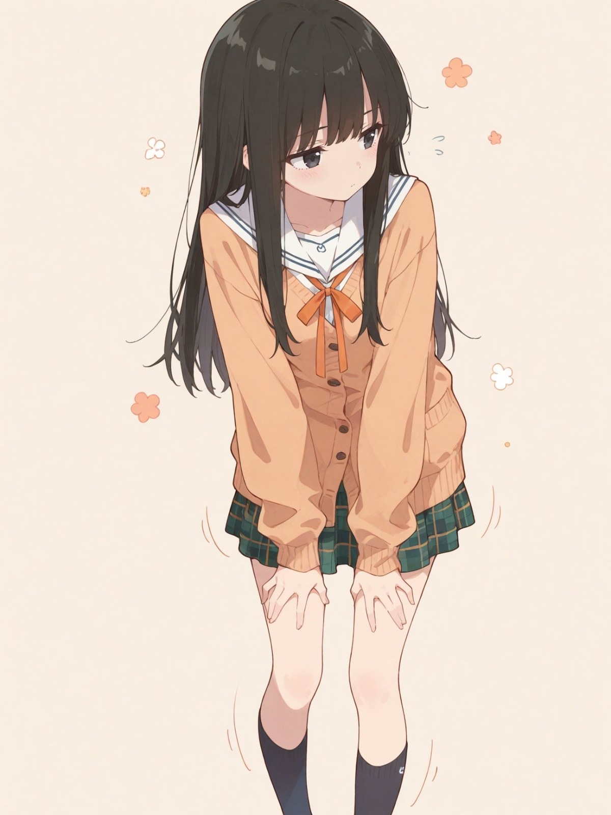 黑长直少女穿橙色开衫和绿色格裙