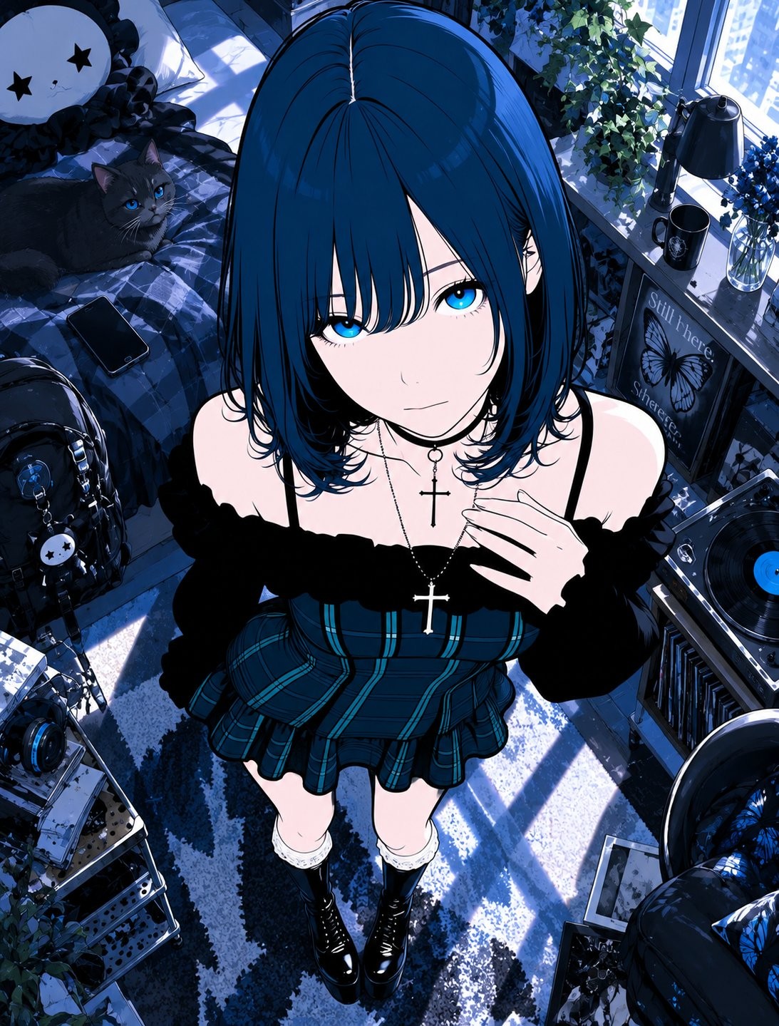 Dark blue short-haired girl wearing black off-shoulder sweater and plaid skirt sitting on checkered carpet