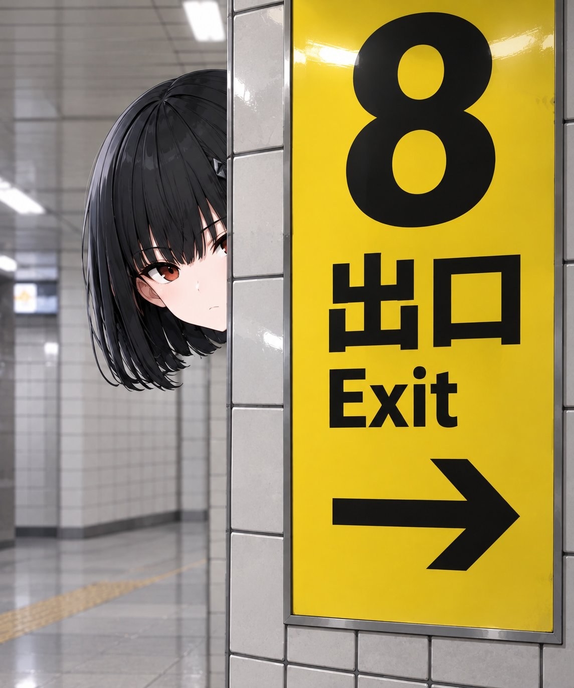 Une fille de style anime aux cheveux noirs et yeux rouges regarde nerveusement l'objectif dans une station de métro