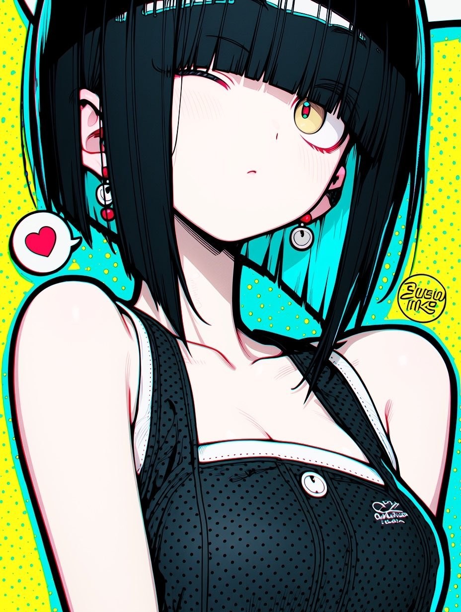A girl with black short hair in a black polka dot dress and red earrings
