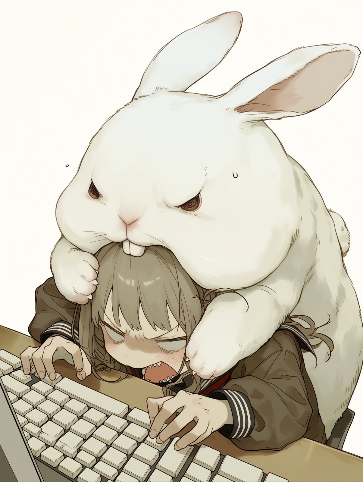 A giant white rabbit is holding down a girl