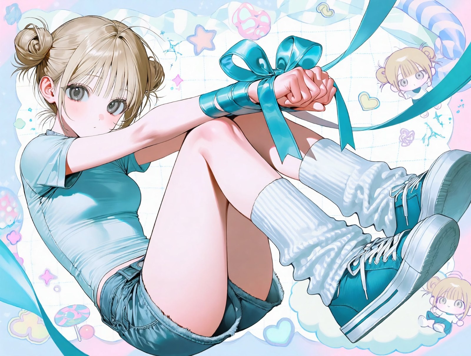 A blonde girl sits in the center wearing a blue-green top and denim shorts