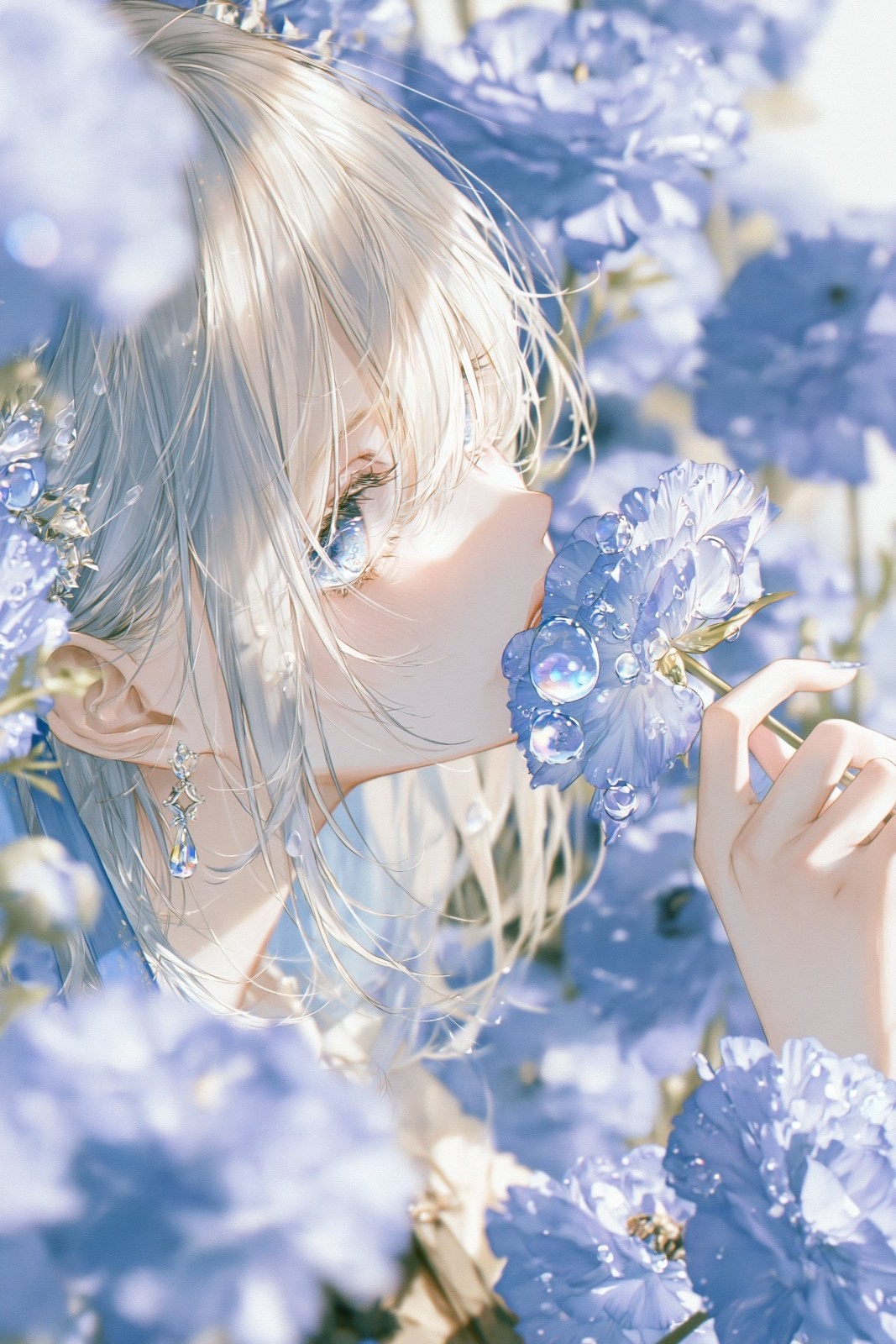 Close-up of a girl’s profile with blue eyes, gently holding a blue flower, adorned with drop earrings, surrounded by a floral sea