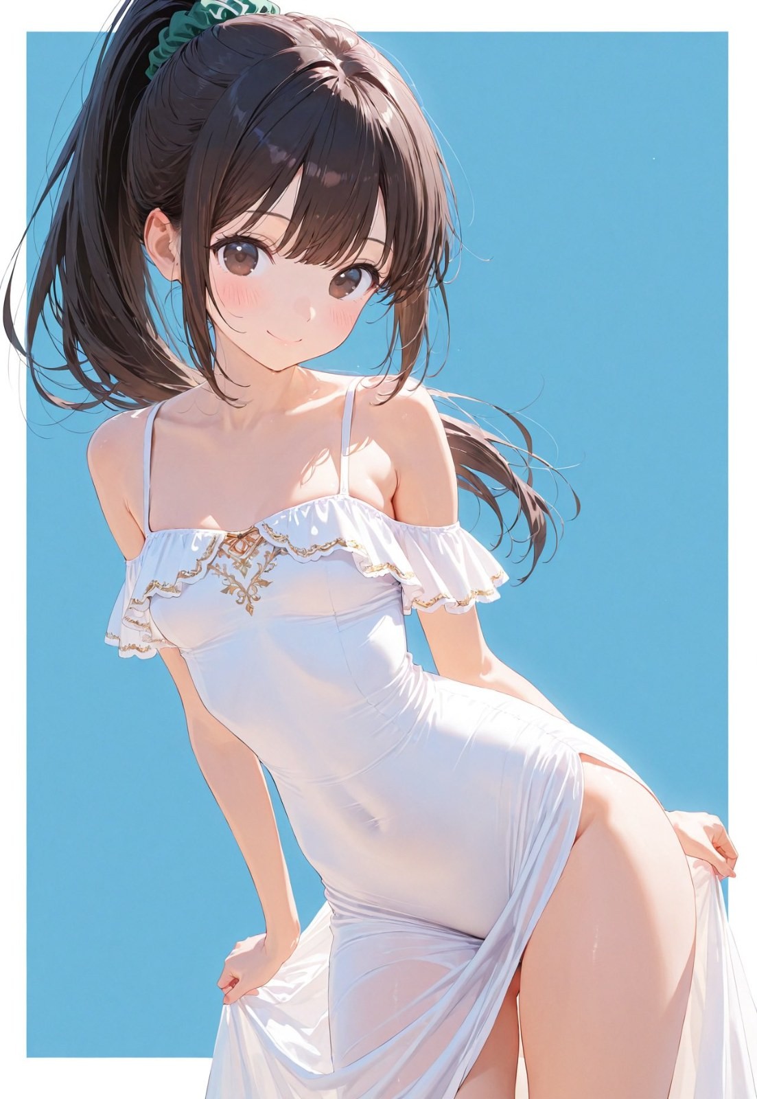 Anime style girl with high ponytail wears white off-shoulder long dress showing gentle shy expression
