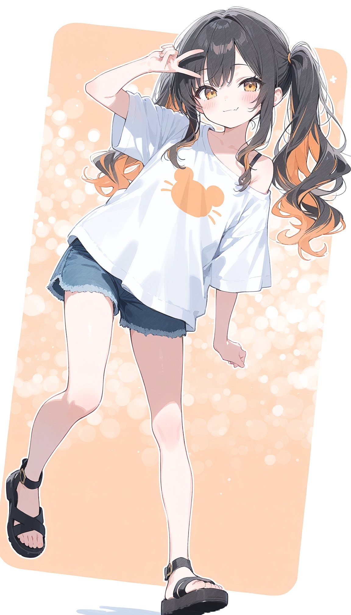活力少女穿白色印花T恤牛仔短裤和黑色凉鞋