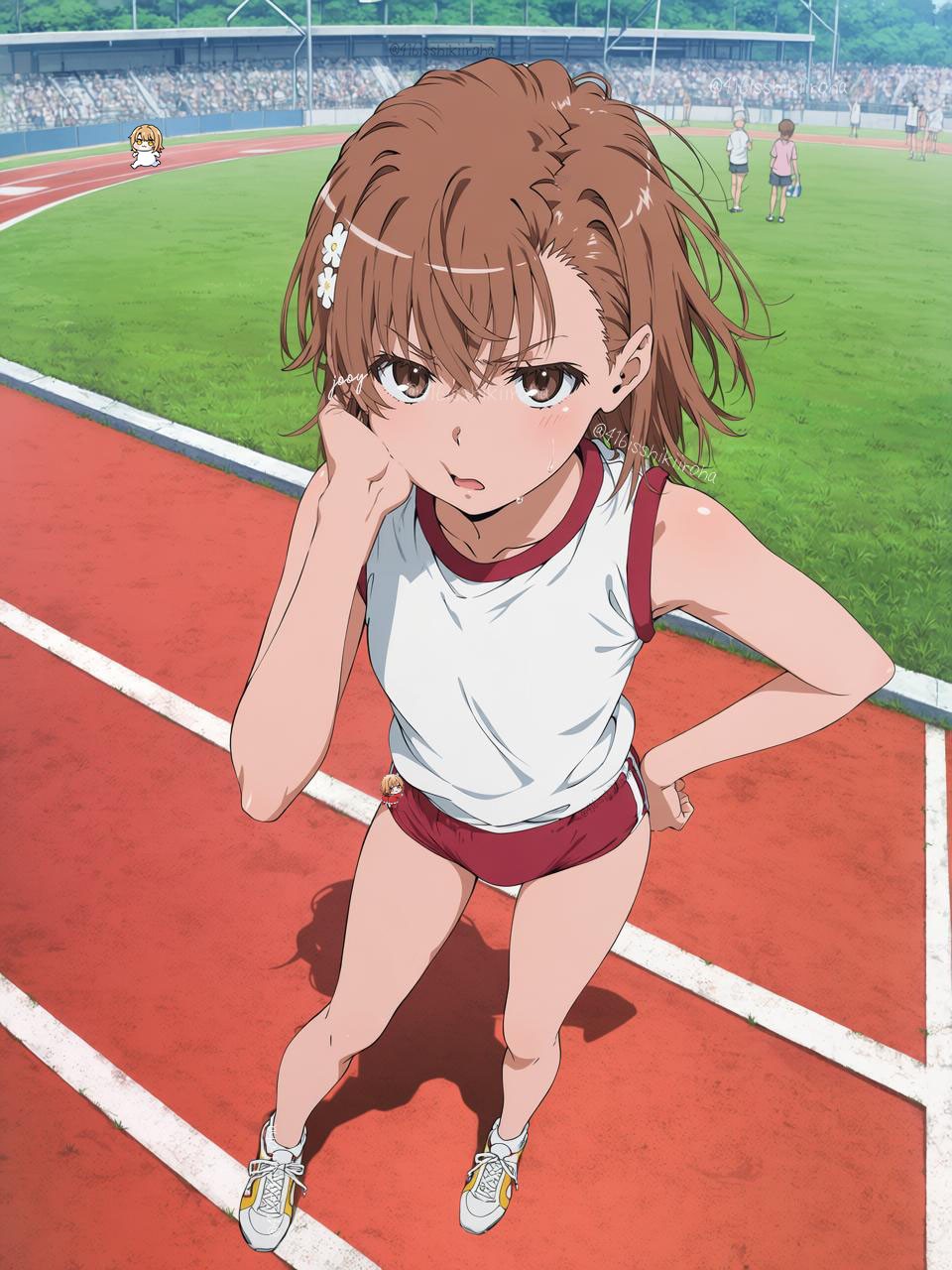 Anime brown-haired girl in white sports tank top and red shorts standing on track