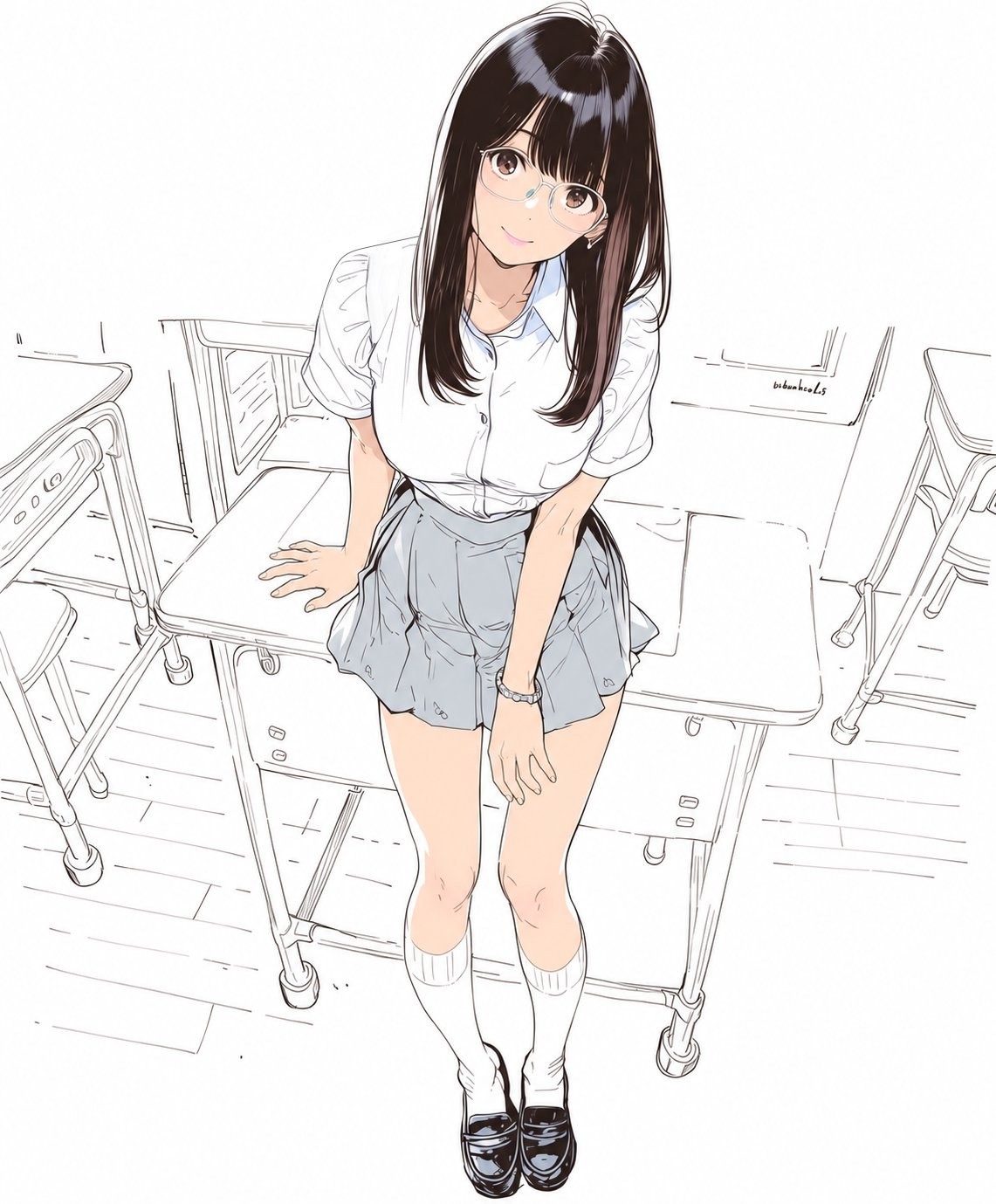 A girl with long black hair wears a white short-sleeve shirt and a light gray pleated skirt with thin-framed glasses