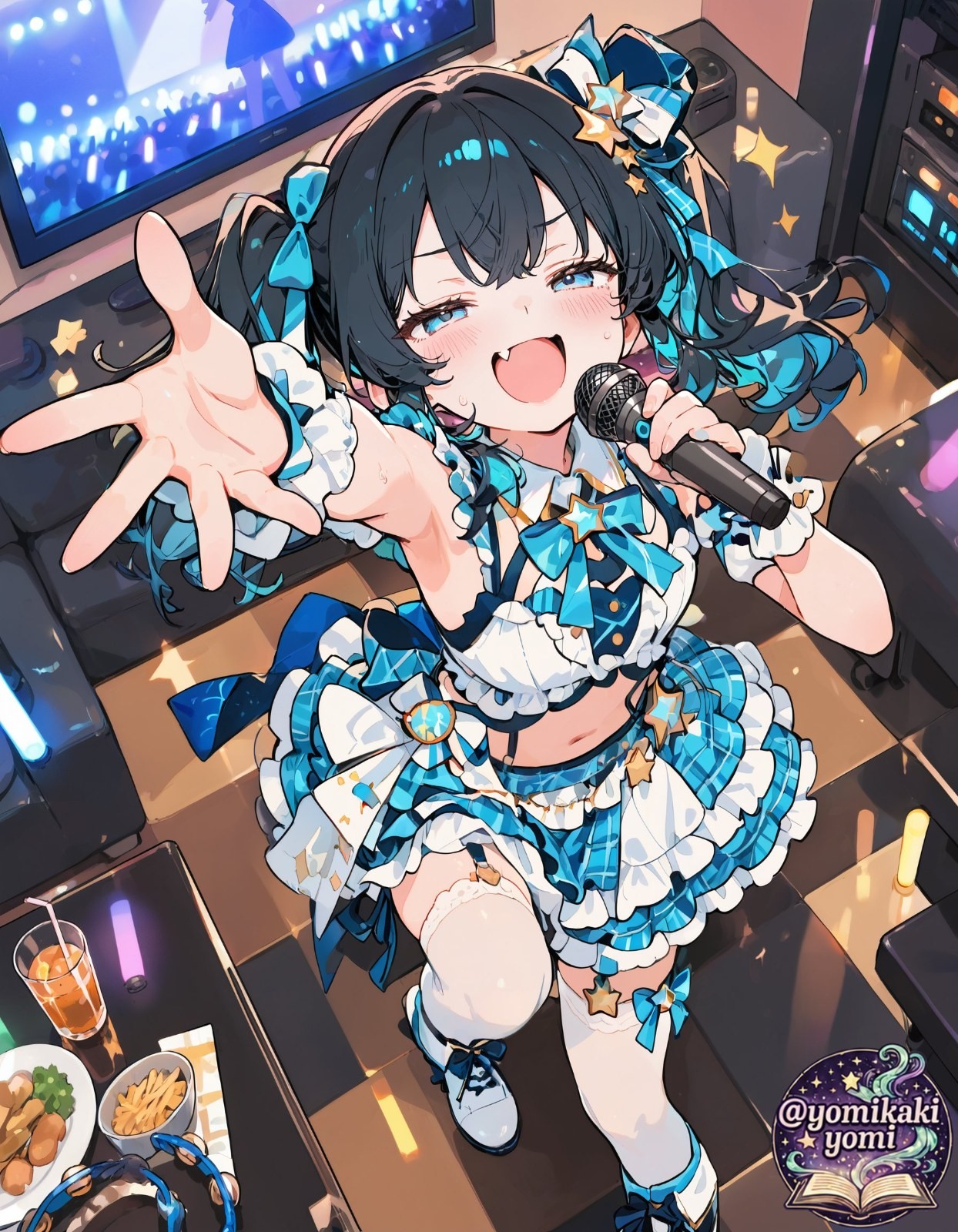 Black-haired twin-tail anime girl singing in blue white star idol dress at KTV