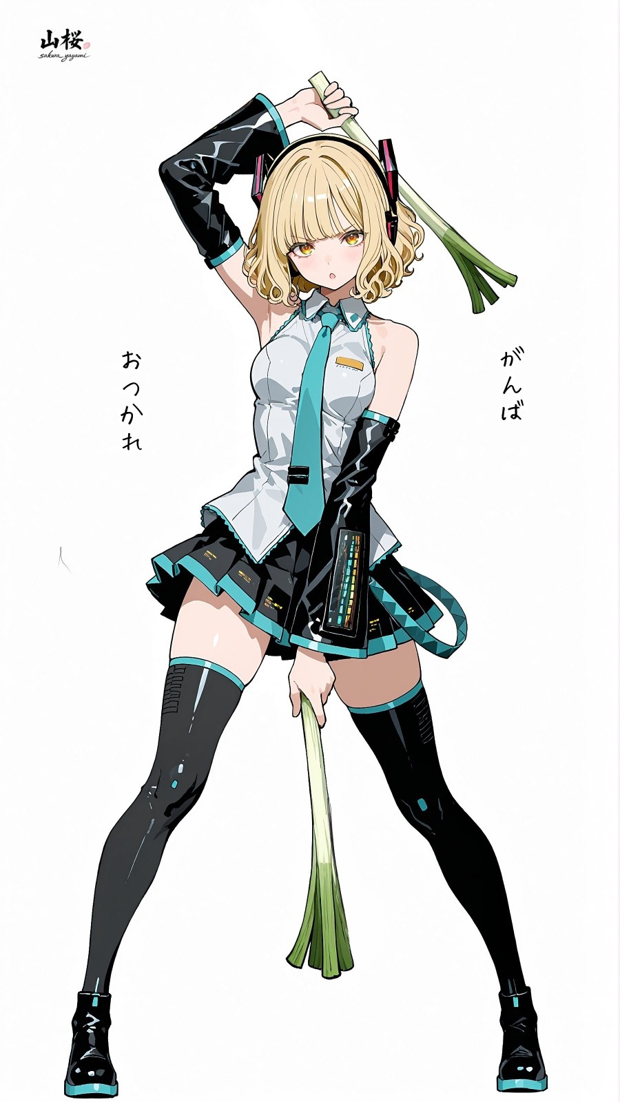 A blonde anime girl wearing Hatsune Miku style outfit