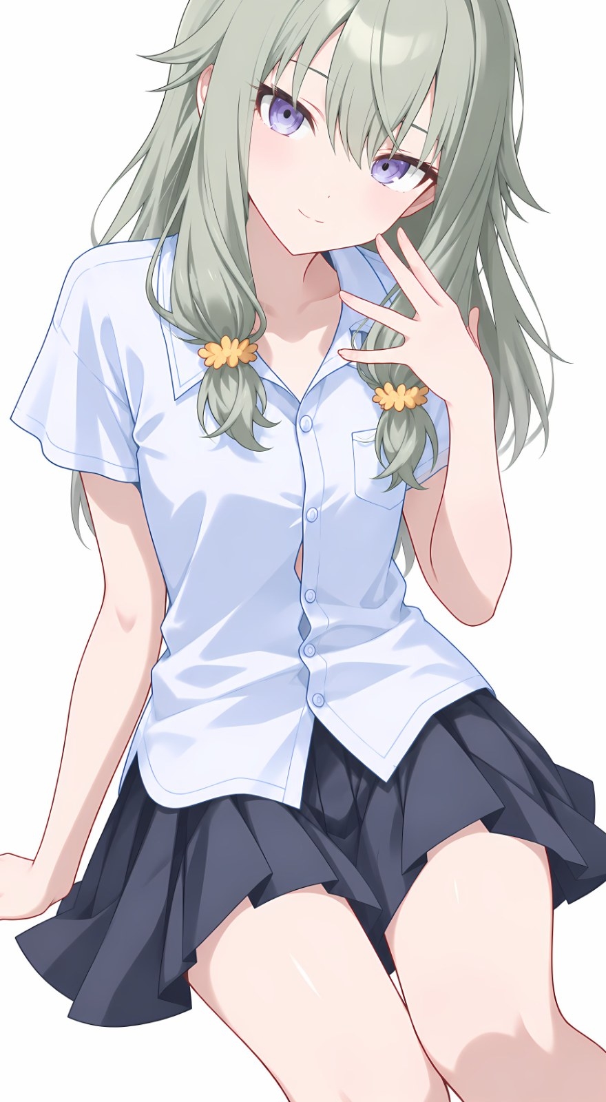 An anime girl with light green hair sits elegantly