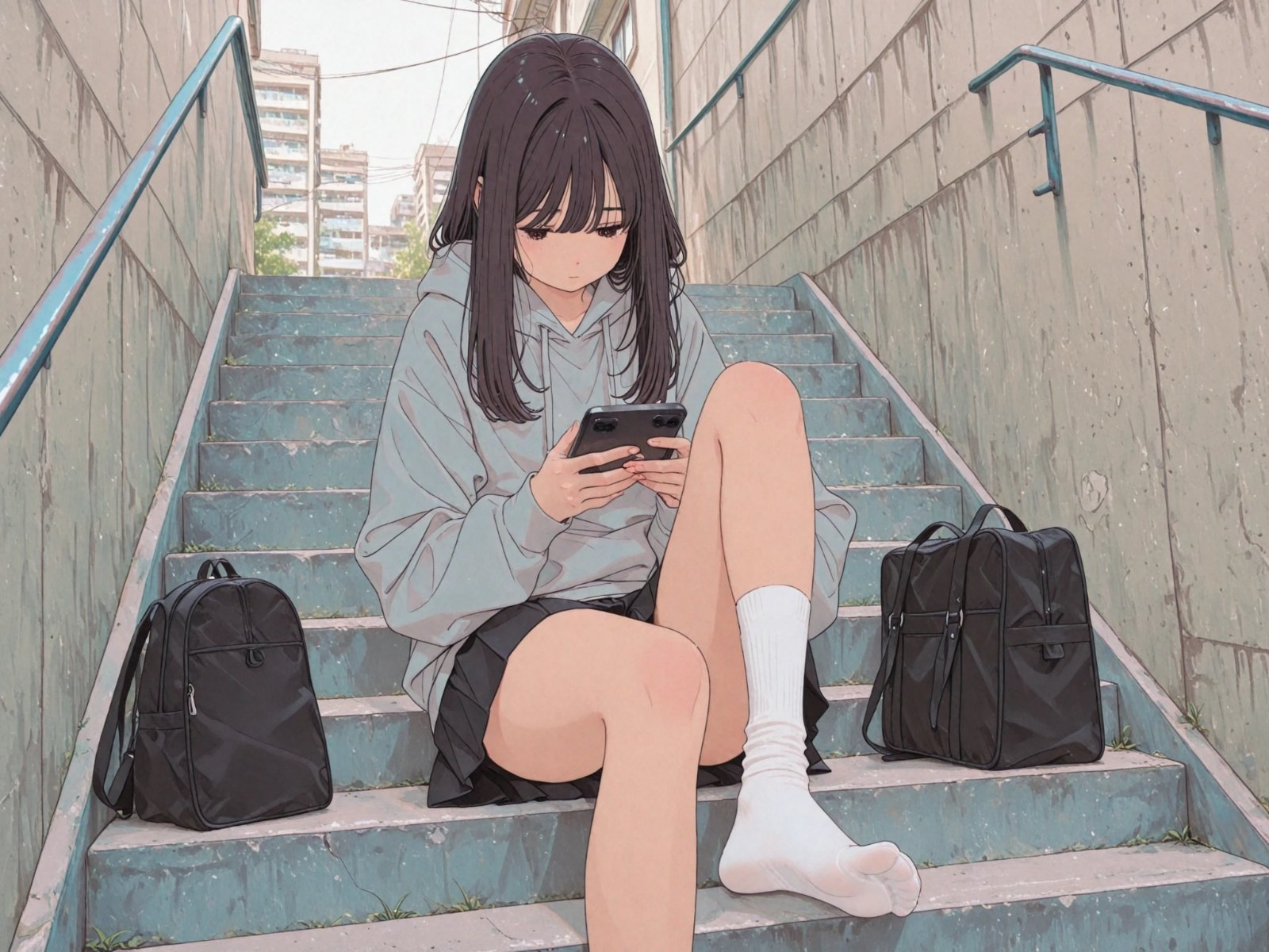 一位黑发少女穿着灰色卫衣和黑色短裙，专注看手机