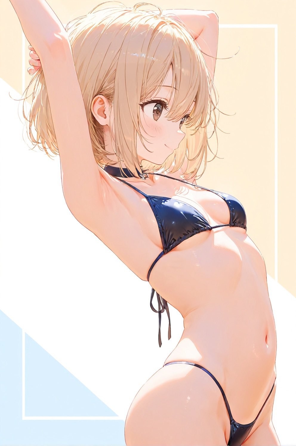 A blonde female anime character wears a black bikini with her arms raised