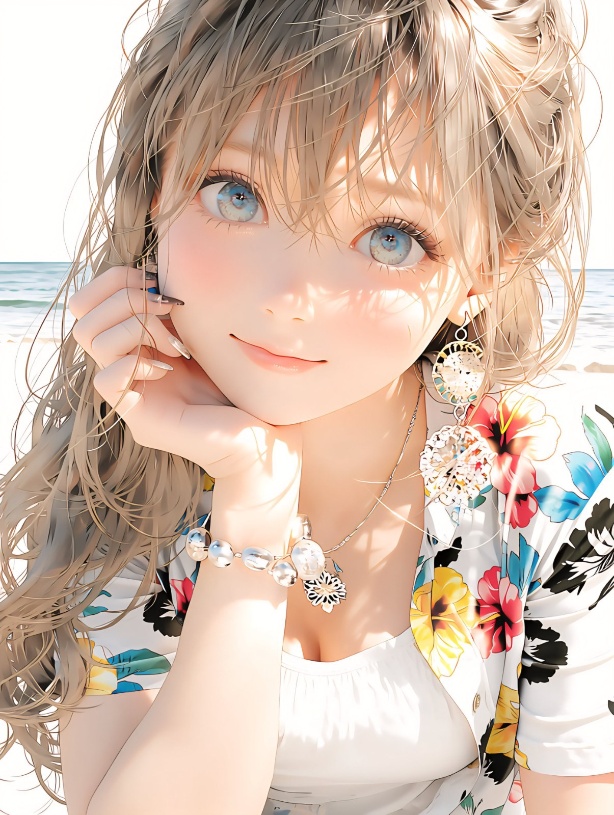 Nahaufnahme eines blonden weiblichen Anime-Charakters am Sommerstrand